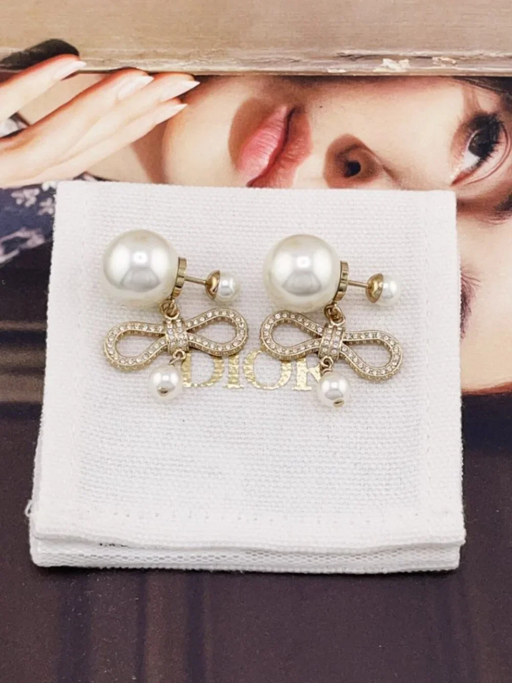 Authentic Dior Gold Tone Pave Crystal Bow Pearl Drop Earrings - Picture 3 of 6